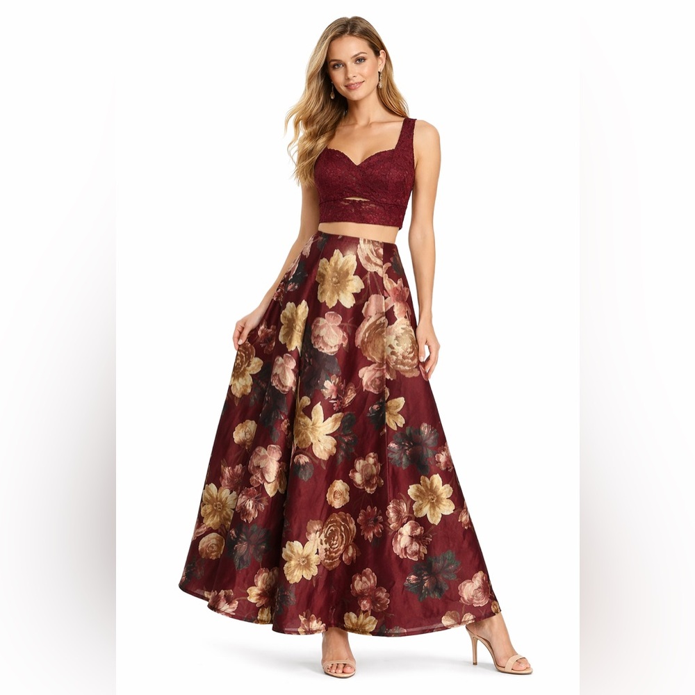 Speechless Burgundy Floral Maxi Skirt & Lace Top Set